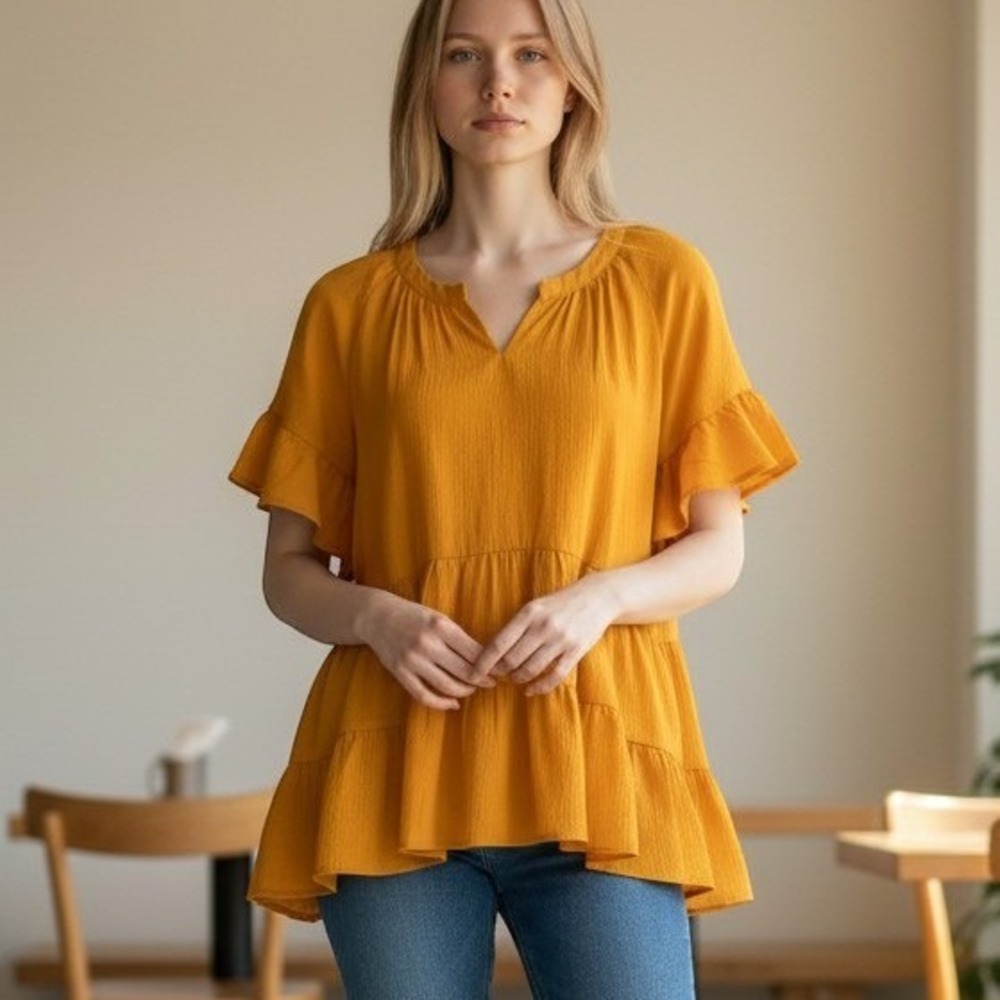 Umgee Babydoll Blouse Women M Mustard Ruffle Tiered Boho Cottagecore Prairie